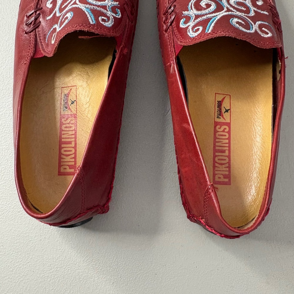 Pikolinos Red Leather Embroidered Loafers Driving Moccasins Flats Womens Size 36 - Picture 6 of 11